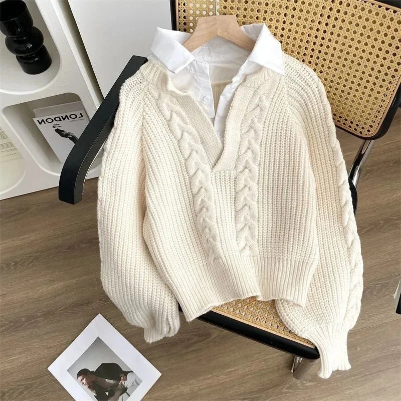 Women's Long Sleeve Loose Polo Collar Sweater