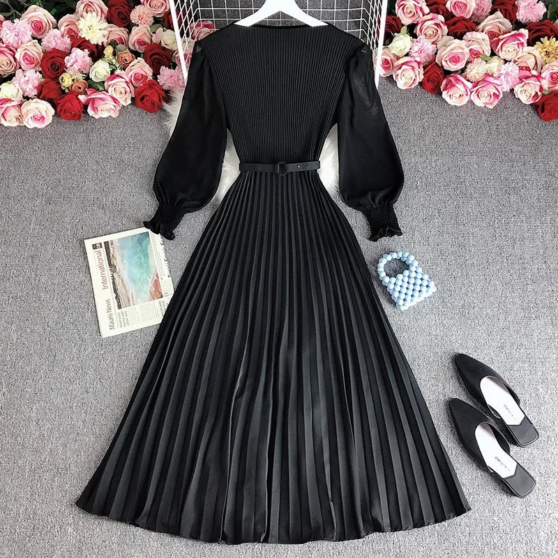 Women's Long Sleeve Pleated Elastic Waistband Dresses