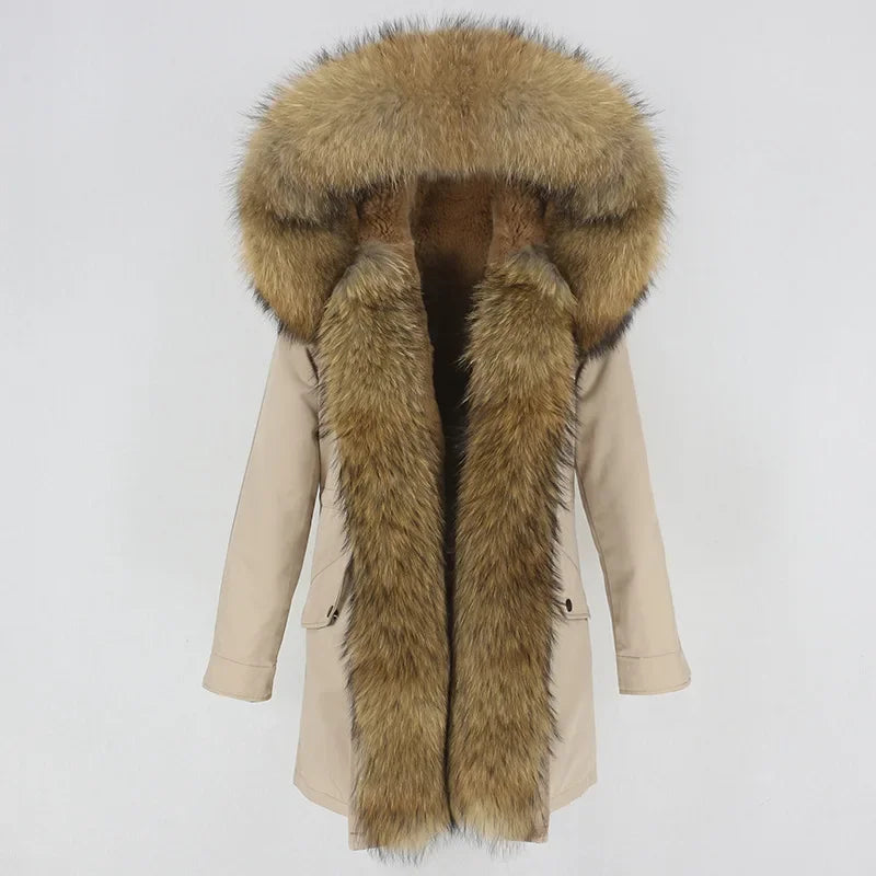 Women's Long Sleeve Squirrel Fur Hoode Parka Jacket