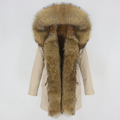 Women's Long Sleeve Squirrel Fur Hoode Parka Jacket