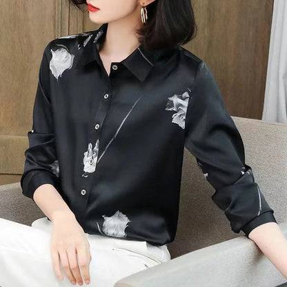 Women Long Sleeve Turn-Down Collar Printed Blouse Tops