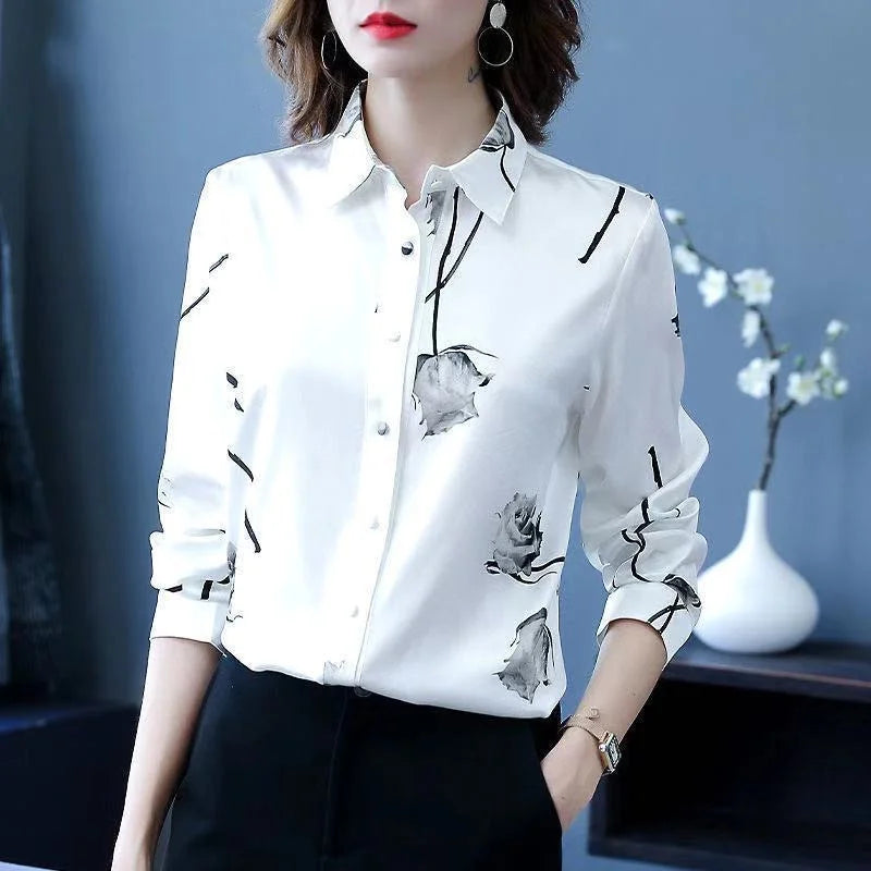 Women Long Sleeve Turn-Down Collar Printed Blouse Tops