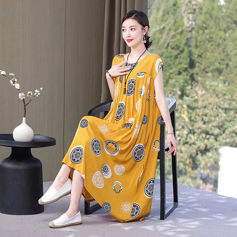 Women's Loose O-Neck Flower Print Dresses