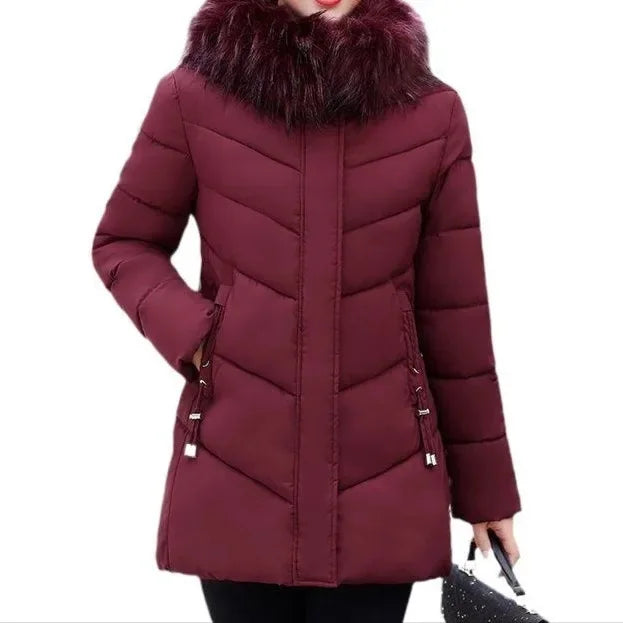 Women's Mid-Length Regular Fit Fur Collar Winter Coat