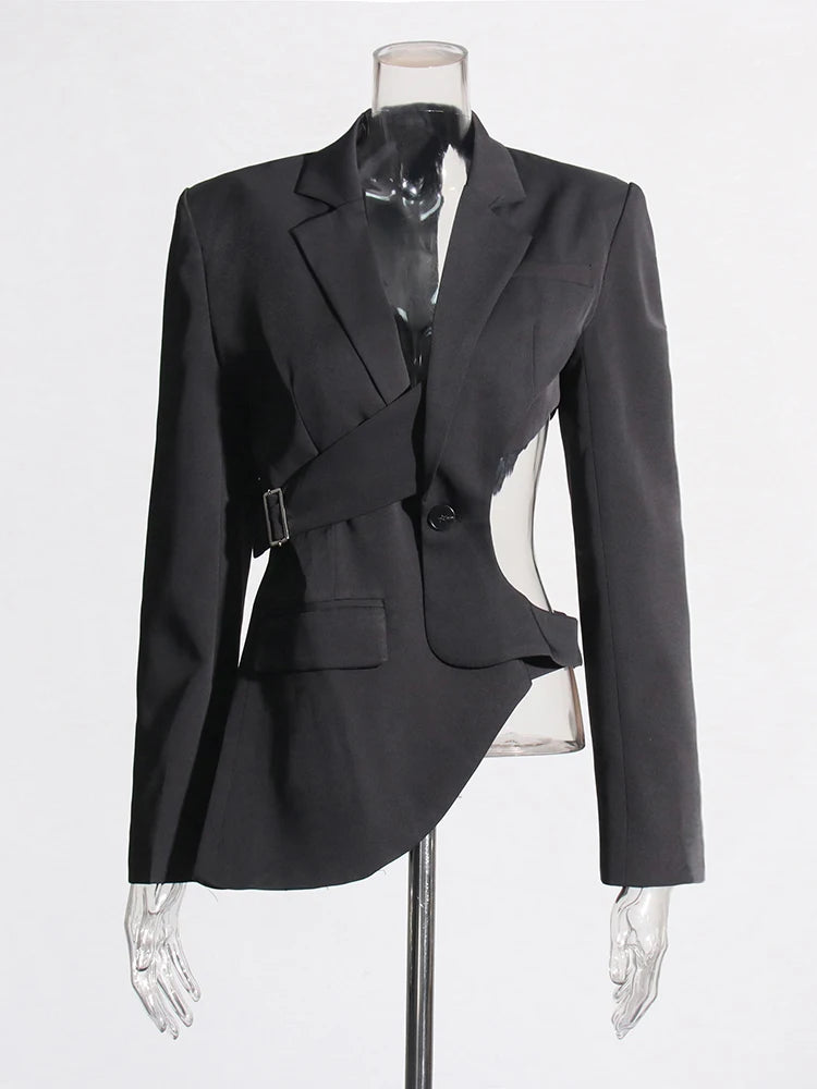 Women Notched Collar Long Sleeve Splice Button Blazer
