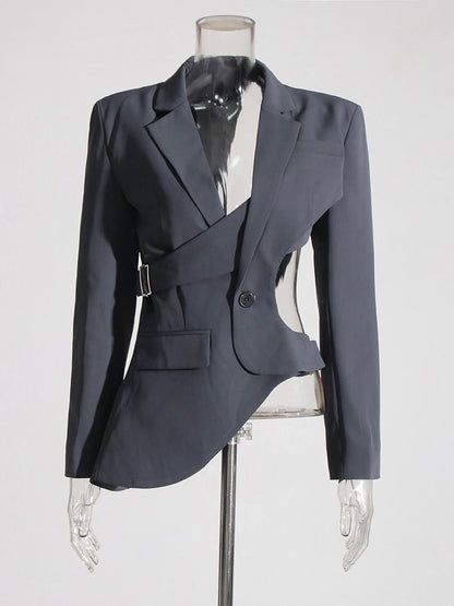 Women Notched Collar Long Sleeve Splice Button Blazer