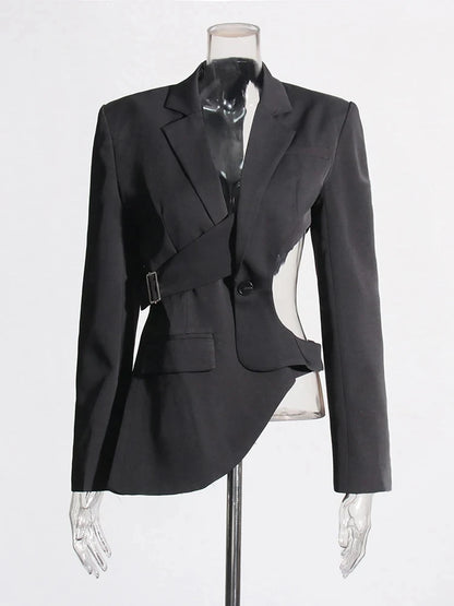 Women Notched Collar Long Sleeve Splice Button Blazer
