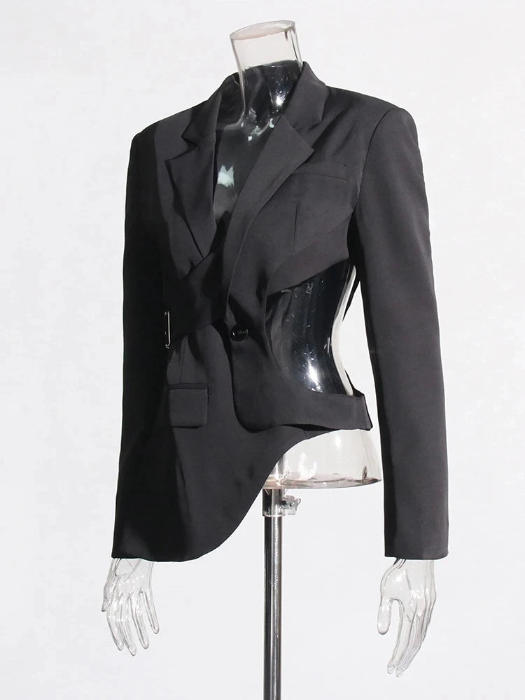 Women Notched Collar Long Sleeve Splice Button Blazer