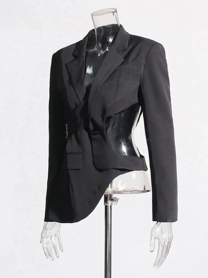 Women Notched Collar Long Sleeve Splice Button Blazer