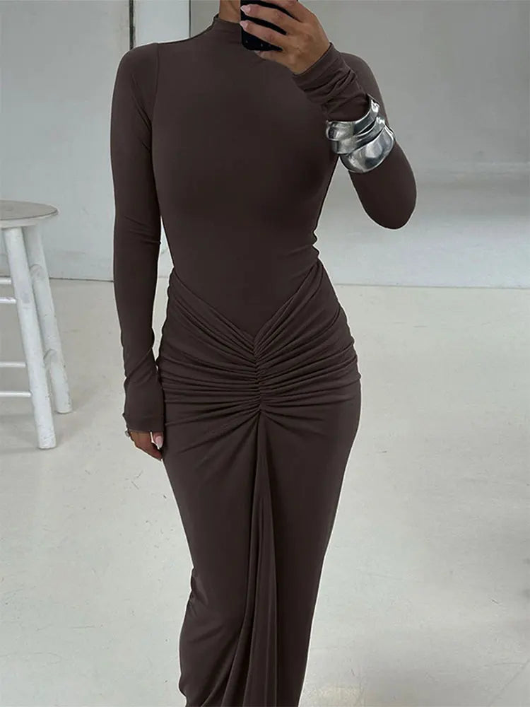 Women Autumn O-Neck Long Sleeves Maxi Dresses