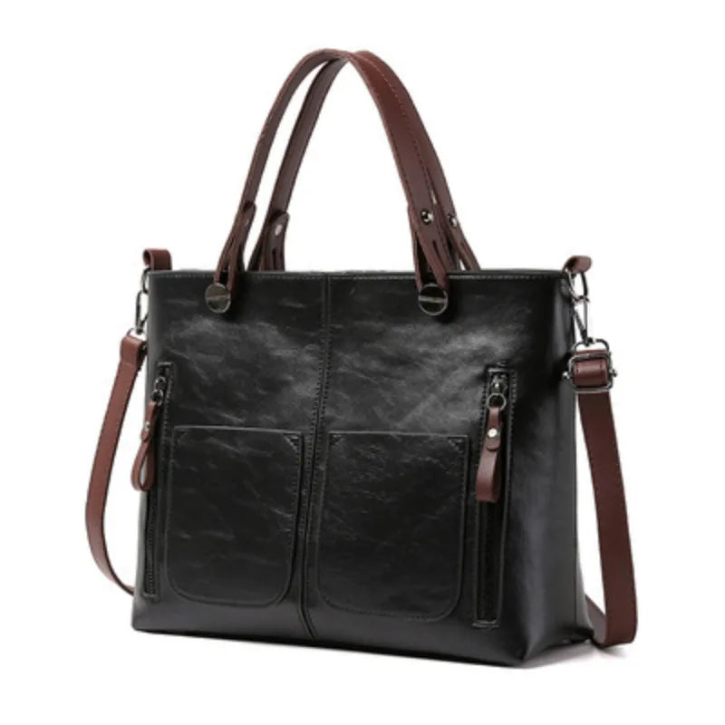 Women's Retro Leather Double Pockets Tote Handbag