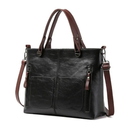 Women's Retro Leather Double Pockets Tote Handbag