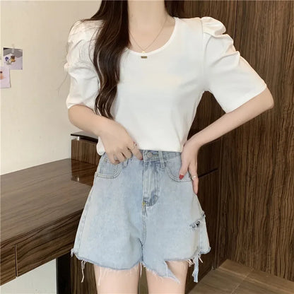 Women Ruched Sleeve CrewNeck Blouse Tops