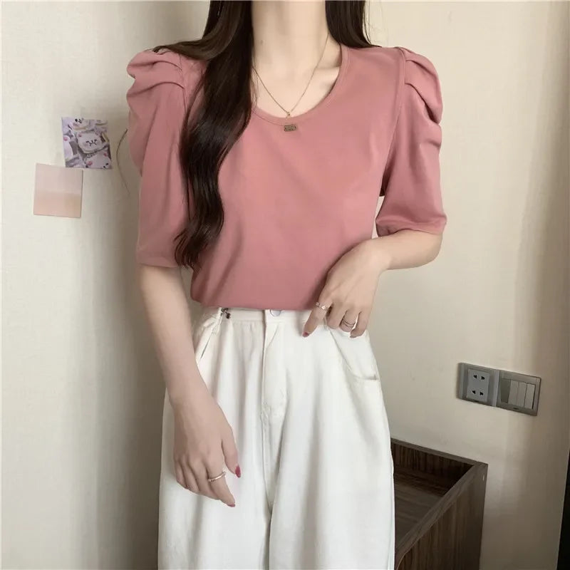 Women Ruched Sleeve CrewNeck Blouse Tops