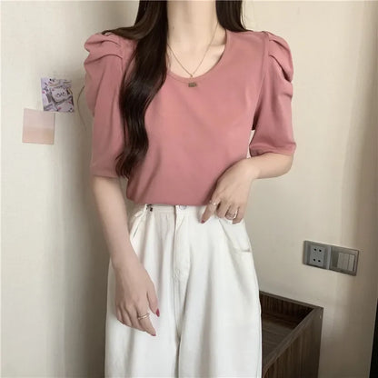 Women Ruched Sleeve CrewNeck Blouse Tops