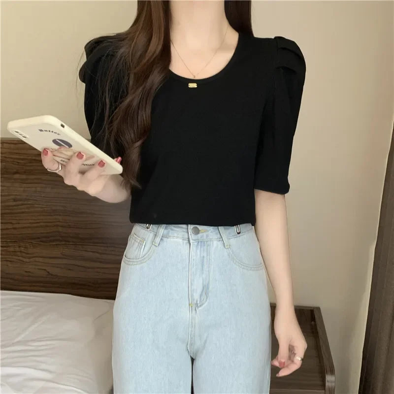 Women Ruched Sleeve CrewNeck Blouse Tops