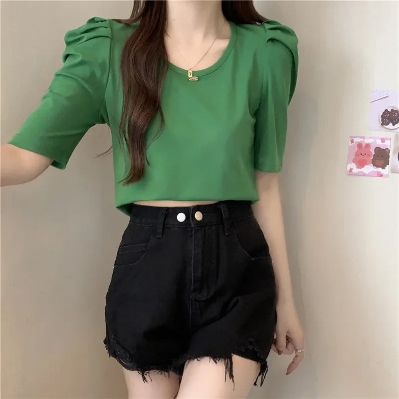 Women Ruched Sleeve CrewNeck Blouse Tops