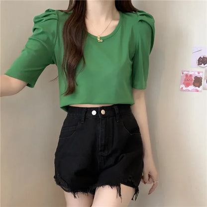 Women Ruched Sleeve CrewNeck Blouse Tops