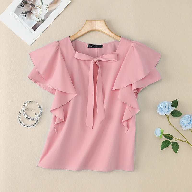 Women Ruffled Sleeve Round Neck Blouses
