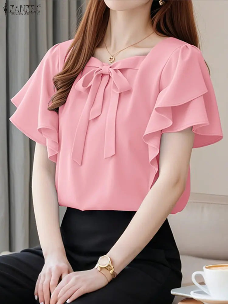 Women Ruffled Sleeve Round Neck Blouses