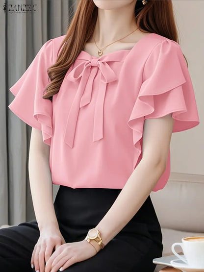 Women Ruffled Sleeve Round Neck Blouses