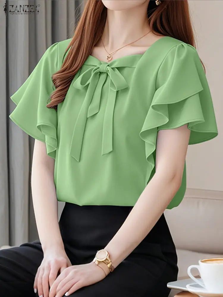 Women Ruffled Sleeve Round Neck Blouses