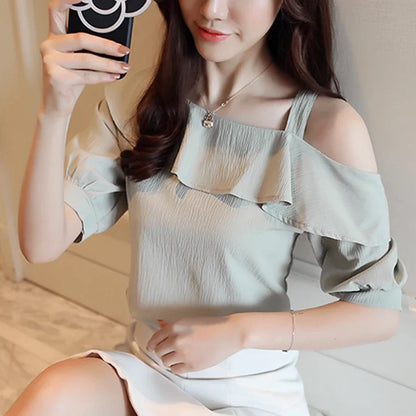 Women Short Sleeve Chiffon Off Shoulder Blouse