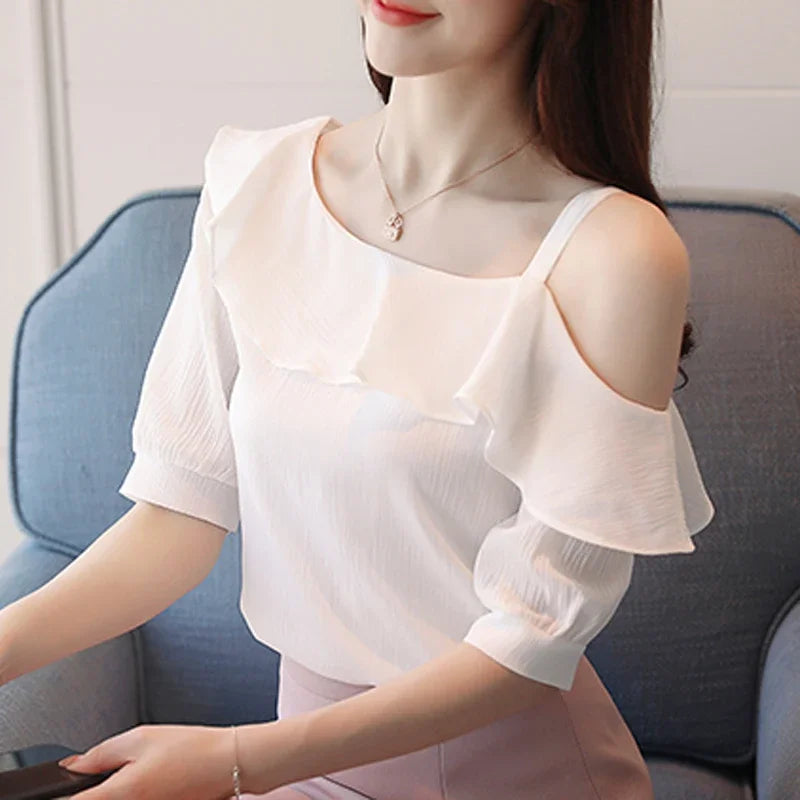 Women Short Sleeve Chiffon Off Shoulder Blouse