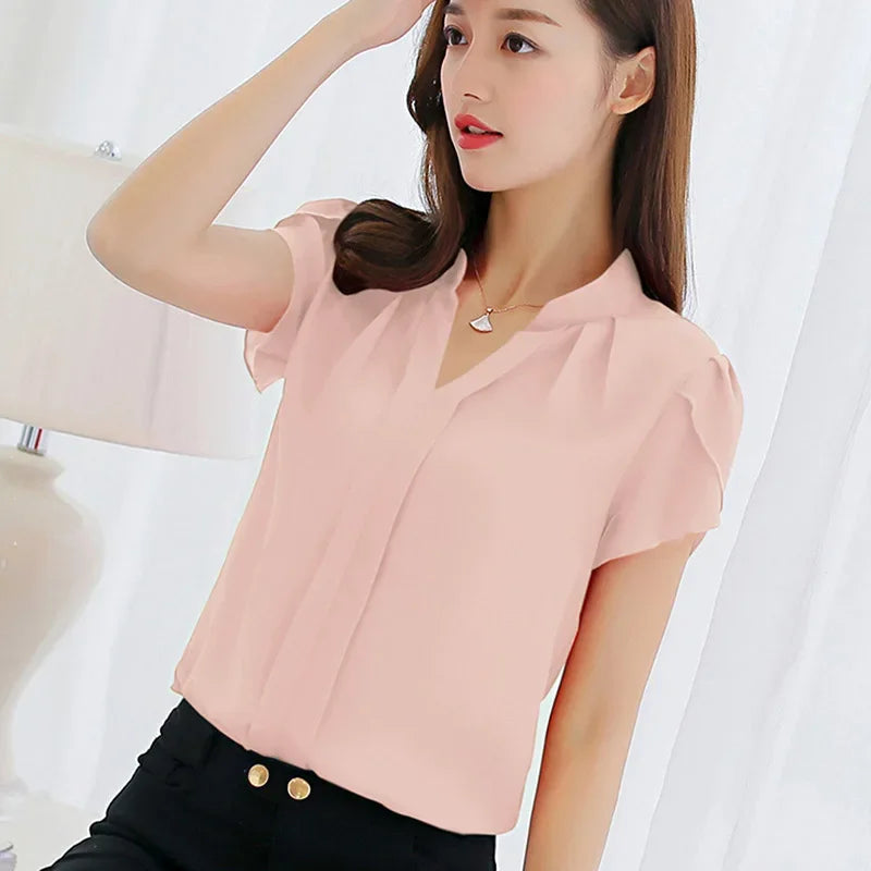 Women's Short Sleeve Stand Collar Chiffon Blouses