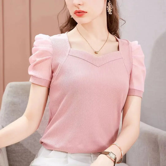Women Silk Slim Puff Sleeve SquareCollar Blouse