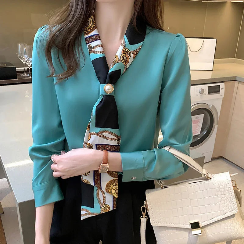 Women's Soft Long Sleeve Chiffon Bow Neck Blouses