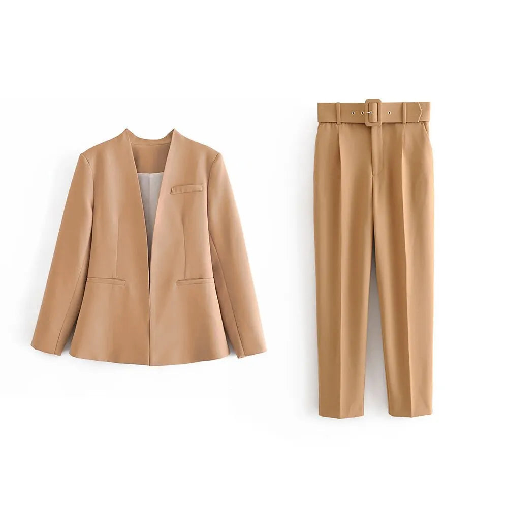 Women's Solid Color Office Coat & High Waist Pants