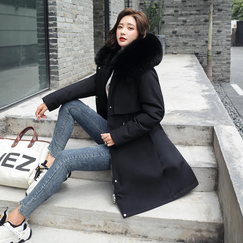 Women's Thick Warm Fur Collar Long Hooded Parka