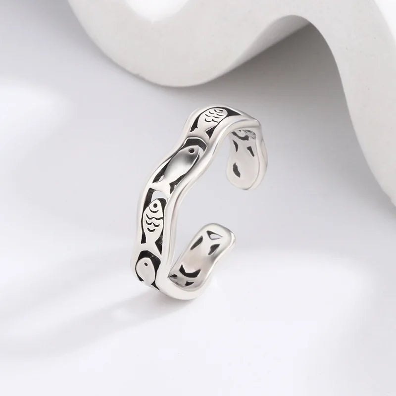 Women's 925 Sterling Silver Wave Fish Finger Rings
