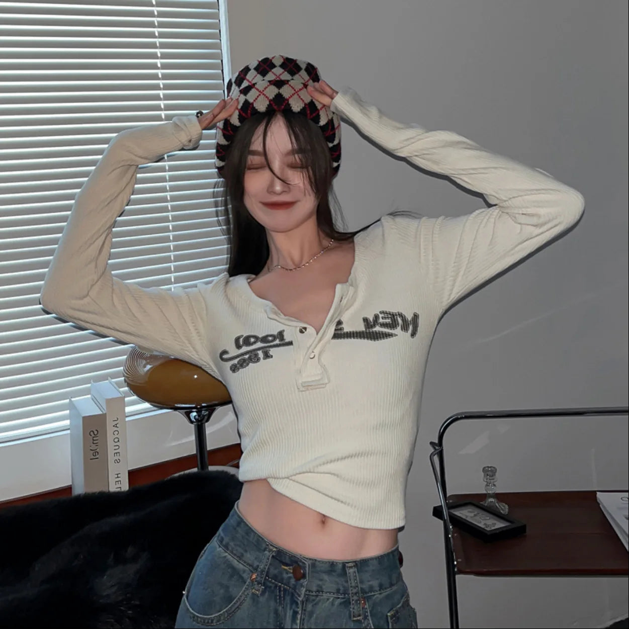 Women's Chic Knitted Crew Neck Print T-Shirt