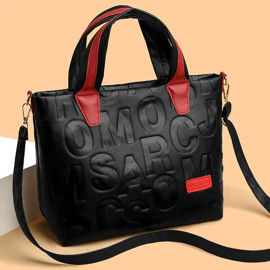 Women's Contrast Color Letter Embossed Leather Bag
