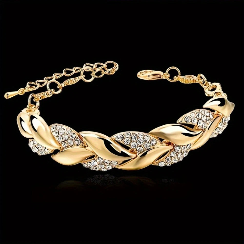 Women's Crystal Braided Gold Leaf Bracelet