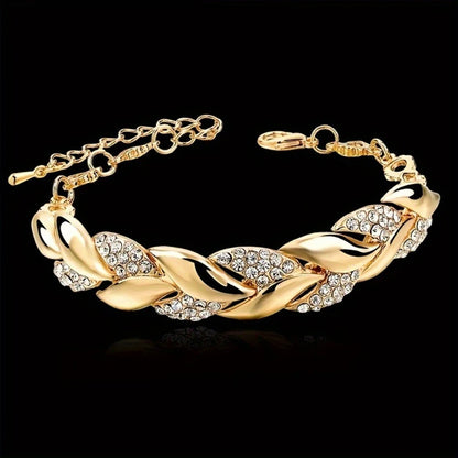 Women's Crystal Braided Gold Leaf Bracelet