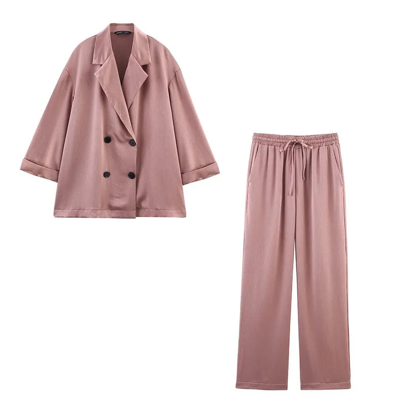 Women's Double-Breasted Satin Blazers & Long Trousers