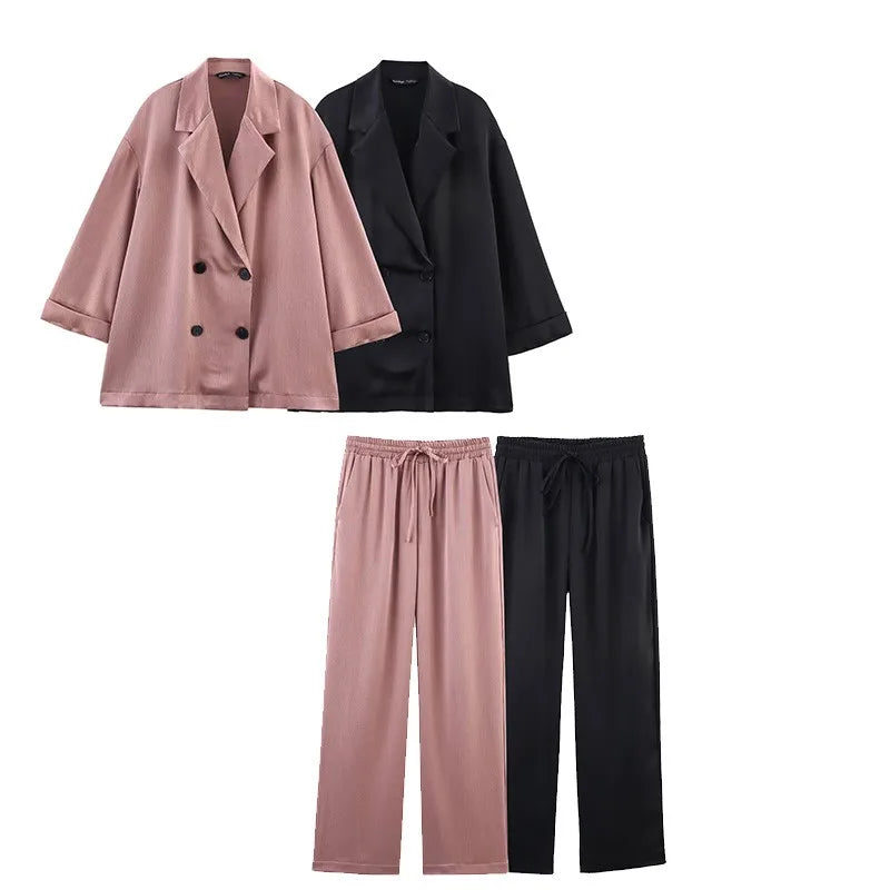 Women's Double-Breasted Satin Blazers & Long Trousers