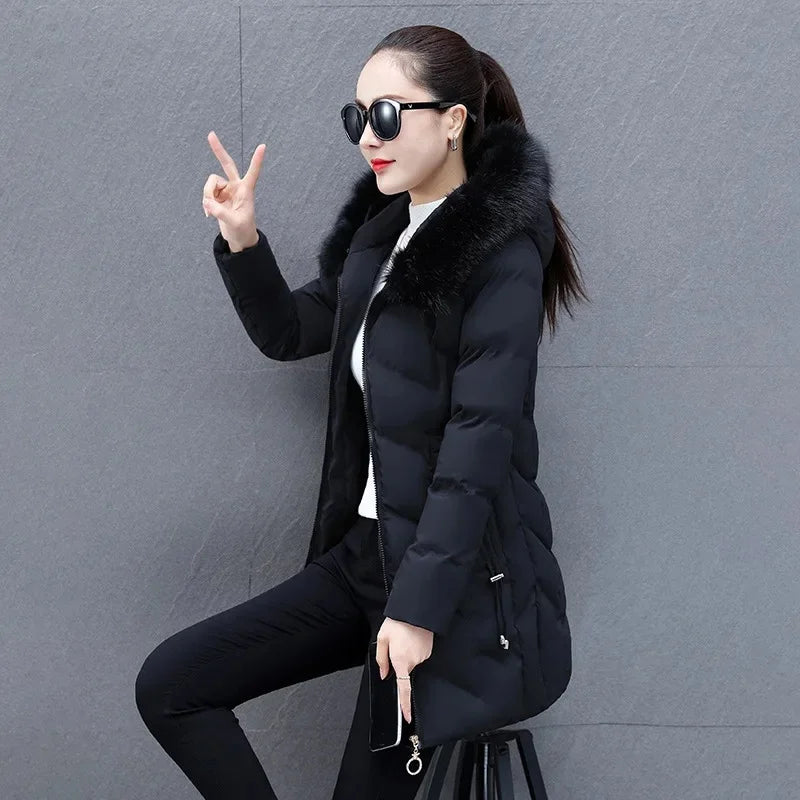 Women's Faux Fur Collar Slim Fit Long Sleeve Cotton Coat