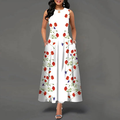 Women's Flower Print New Casual Sleeveless Long Dress