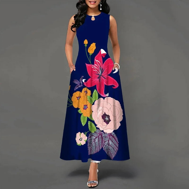 Women's Flower Print Sleeveless Long Dress
