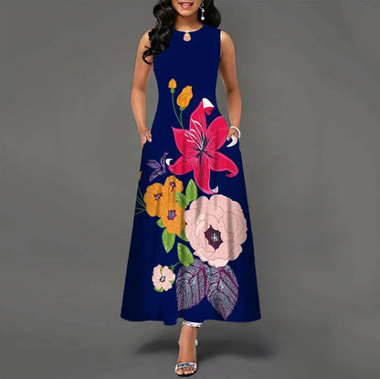 Women's Flower Print Sleeveless Long Dress