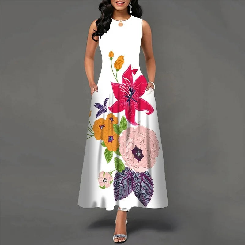 Women's Flower Print Sleeveless Long Dress