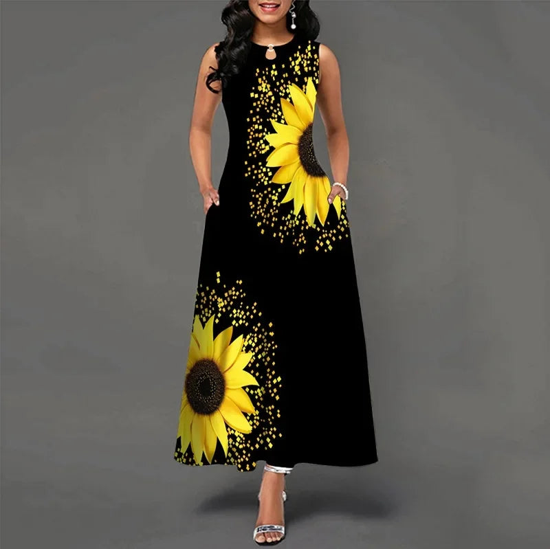 Women's Flower Print Sleeveless Long Dress