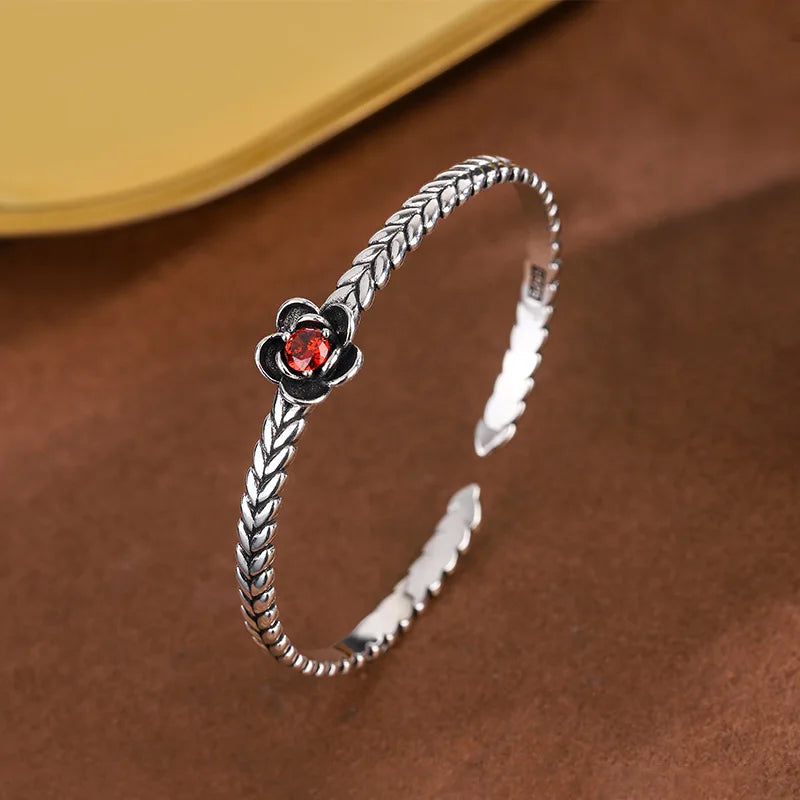 Women's Flower Shiny Red Crystal Bangle Bracelets