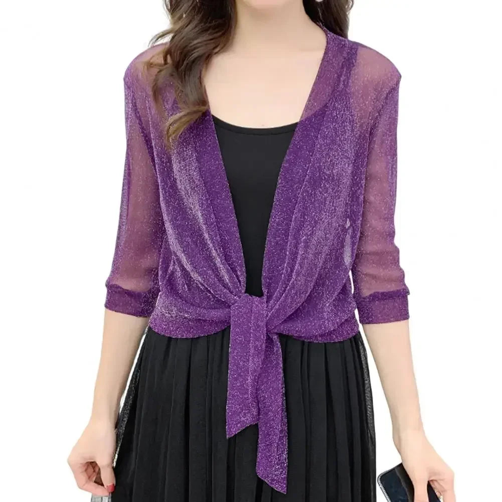 Women's High Stretch Sheer Glitter Lace Up Cardigan