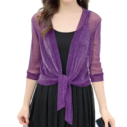 Women's High Stretch Sheer Glitter Lace Up Cardigan