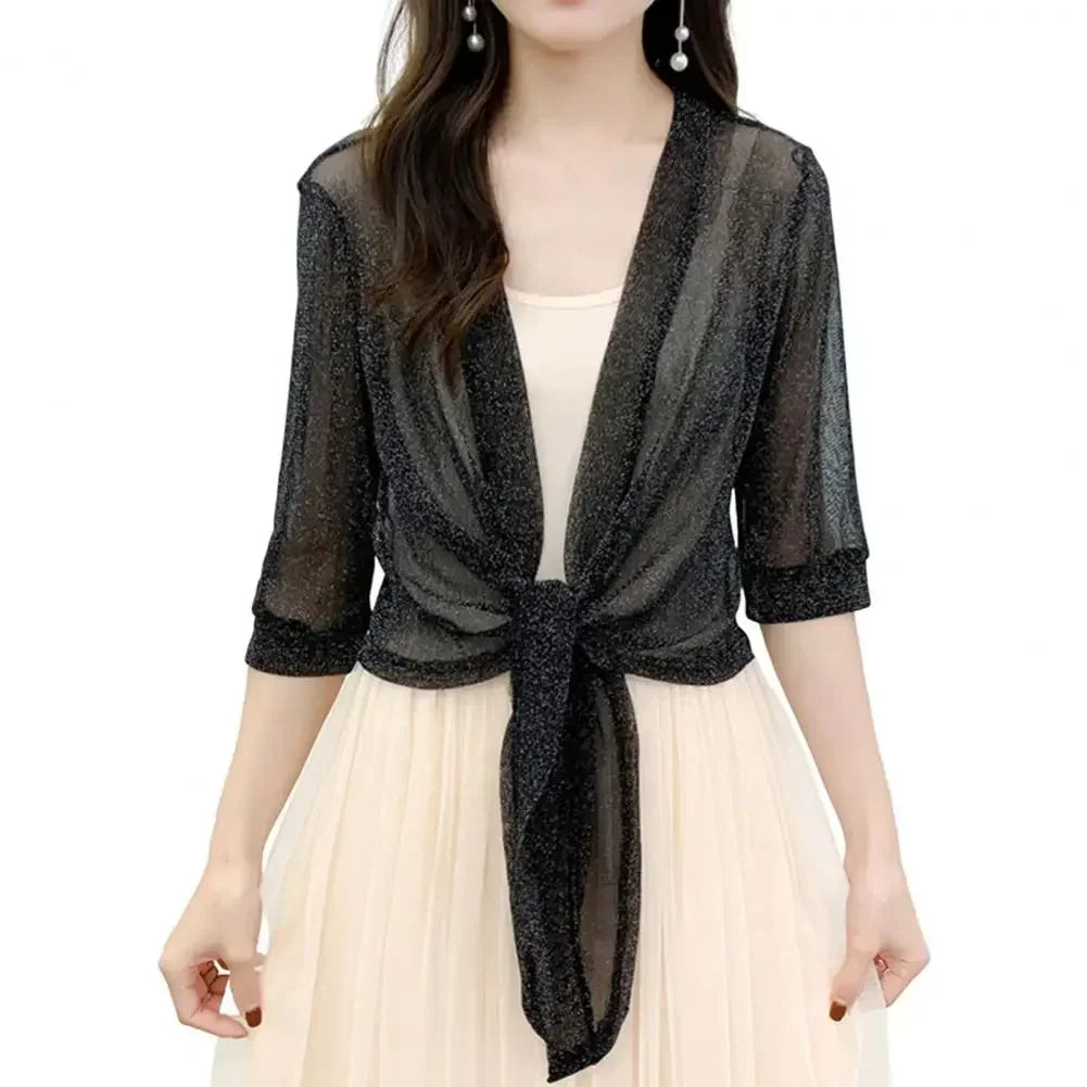 Women's High Stretch Sheer Glitter Lace Up Cardigan